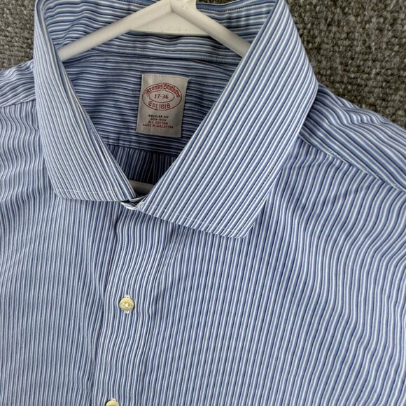 Brooks Brothers 17 36 Striped Regular Non-Iron Shirt Mens Button Up Blue Pocket - Picture 8 of 16